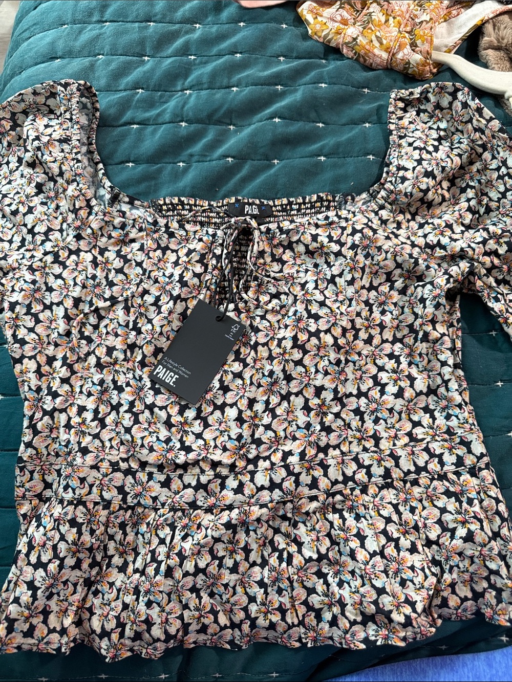 PAIGE Black Floral Peplum Square-Neck Blouse